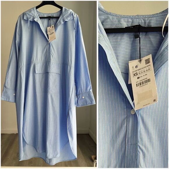 ZARA Oversized Hooded Striped Dress Pocket Cotton - Picture 1 of 12